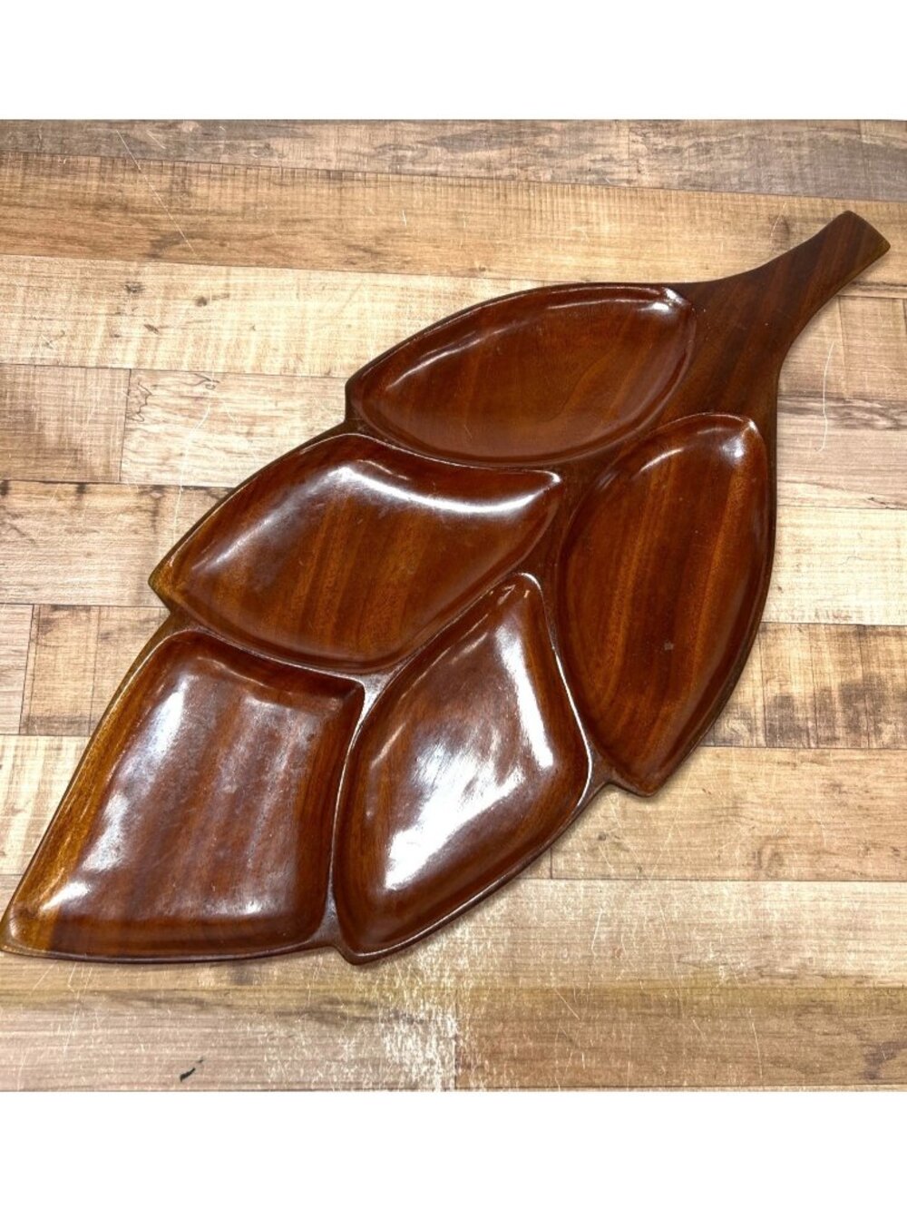 Leaf-Shaped Genuine Mahogany Serving Tray With 5 Compartments Made In Haiti